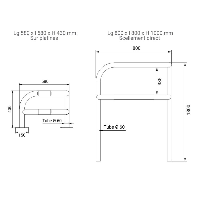 Arceau d'angle industriel renforcé à 2 pieds hauteur 430 ou 1000mm