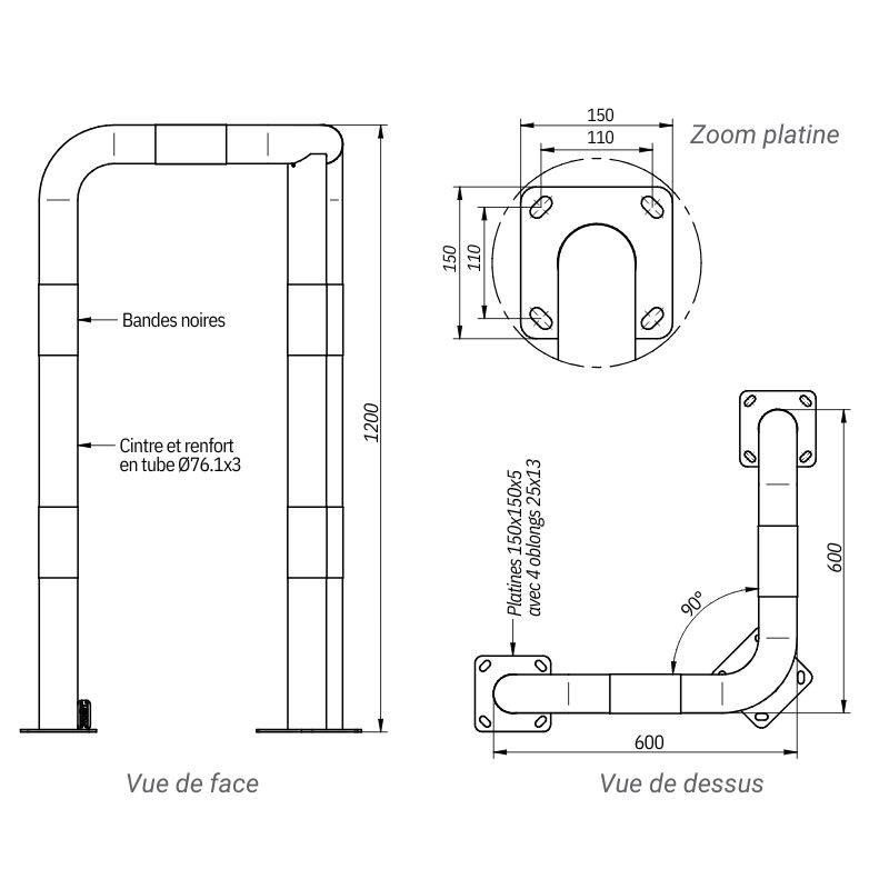 Arceau de protection industriel pour angles à 3 pieds hauteur 600 ou 1200mm
