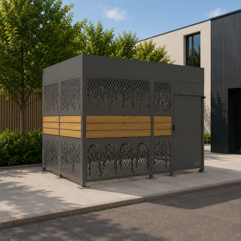 Abri vélos sécurisé Horizon avec bardages en acier et bois Prossentiel