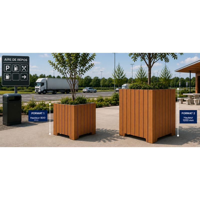 Jardinière anti-bélier carrée béton et HPL aspect bois Stopy | Prossentiel 