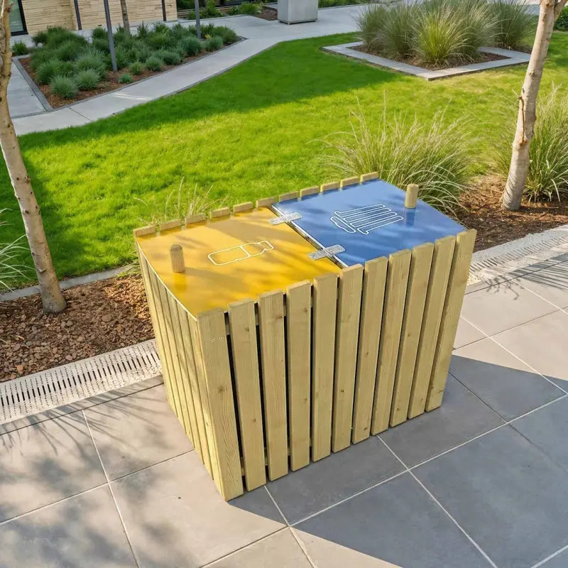 Corbeille en bois tri sélectif avec couvercle Turin - 2 x 100L